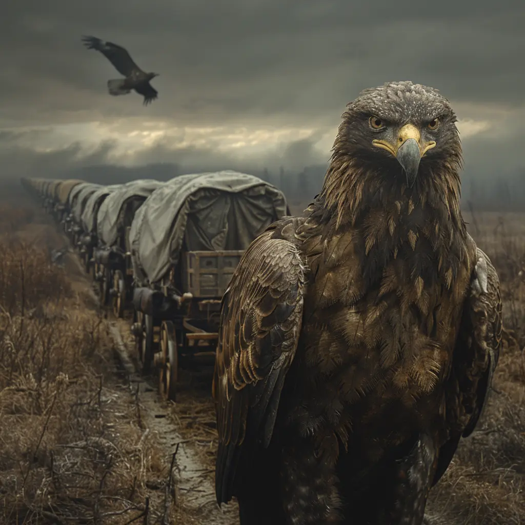 Bird's-eye view of wagon train on vast prairie, lone eagle soaring overhead, symbolizing Oregon Trail journey