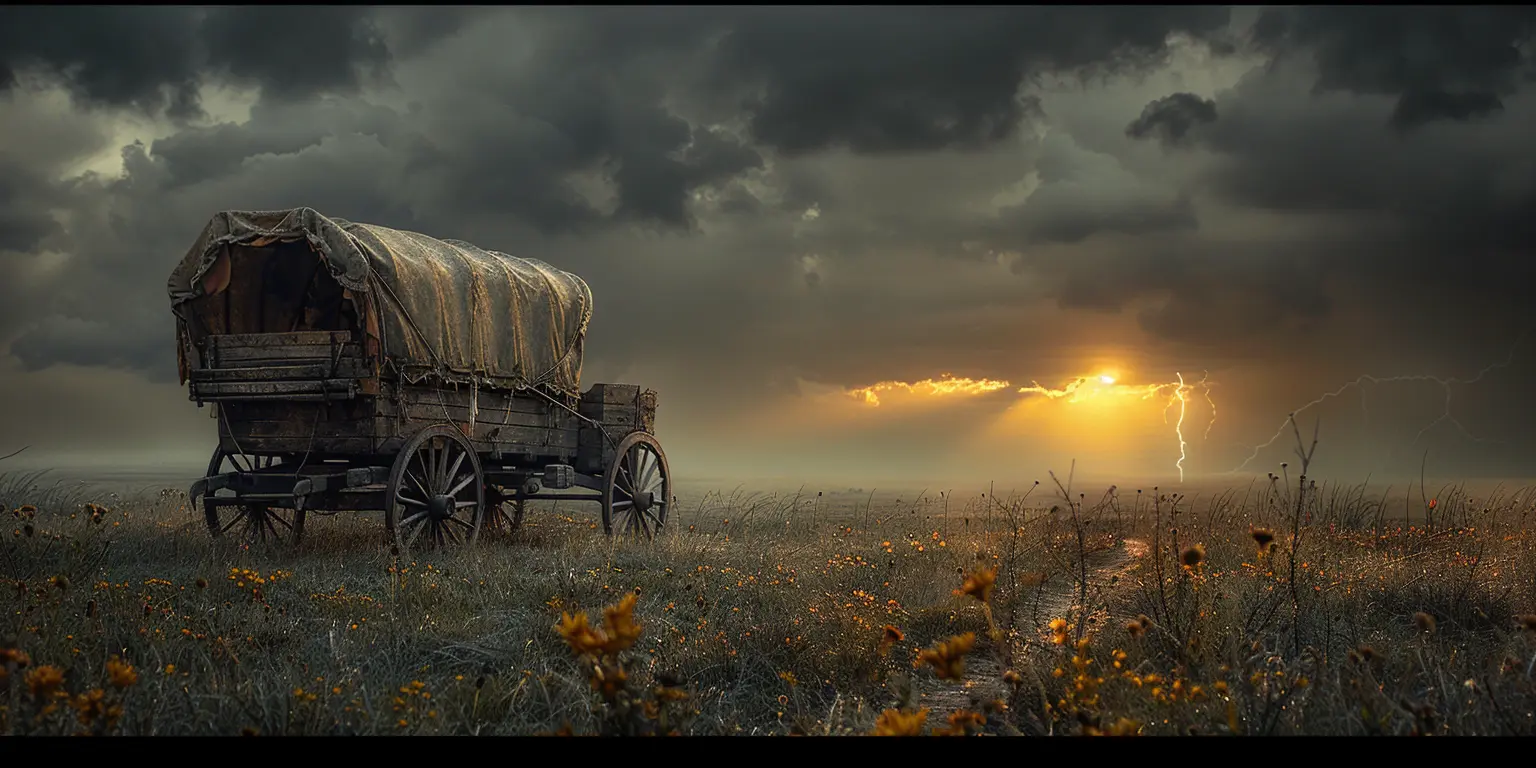 Covered wagon crossing vast Great Plains under sunlit sky, with distant thunderstorm brewing on horizon.