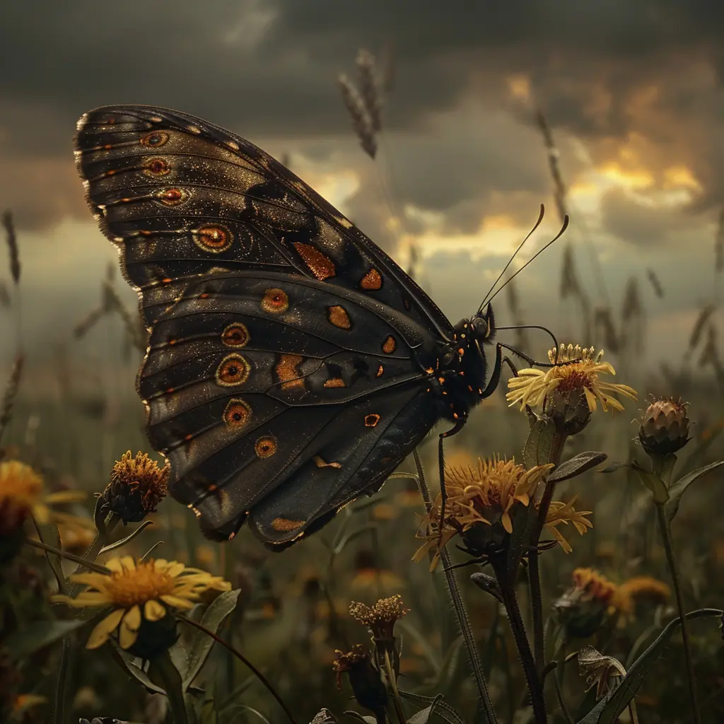 Butterfly on prairie wildflower, wings catching sunlight. Symbolizes Sarah's emotional journey on Oregon Trail.