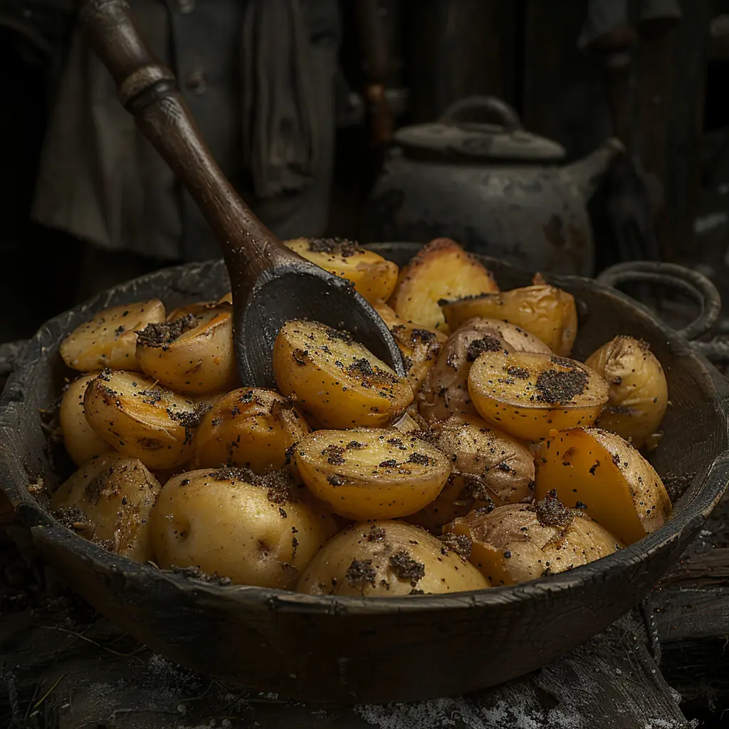 Weathered wooden spoon in bowl of partially peeled potatoes, reflecting pioneer life on the trail west.