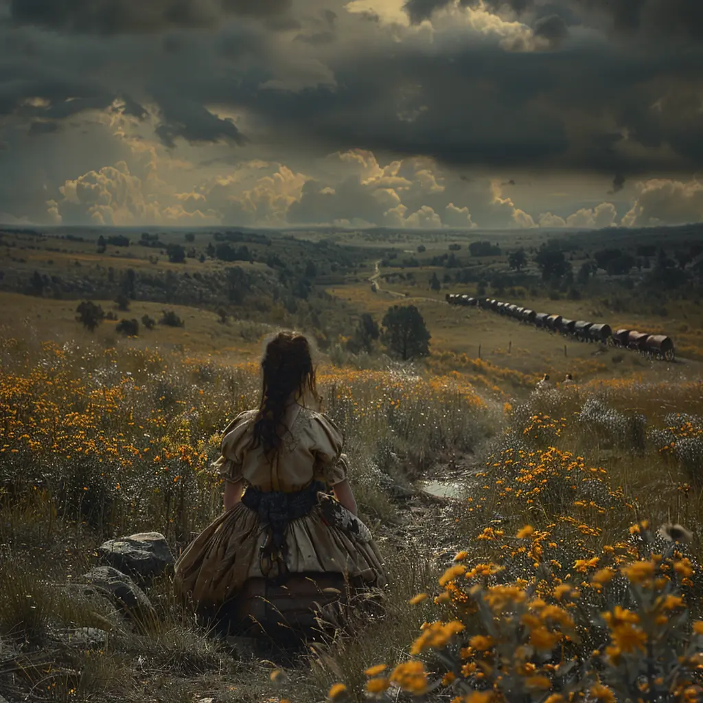 Aerial view of prairie with lone wagon train. Close-up on 11-year-old Sarah, gazing at vast horizon from her wagon.