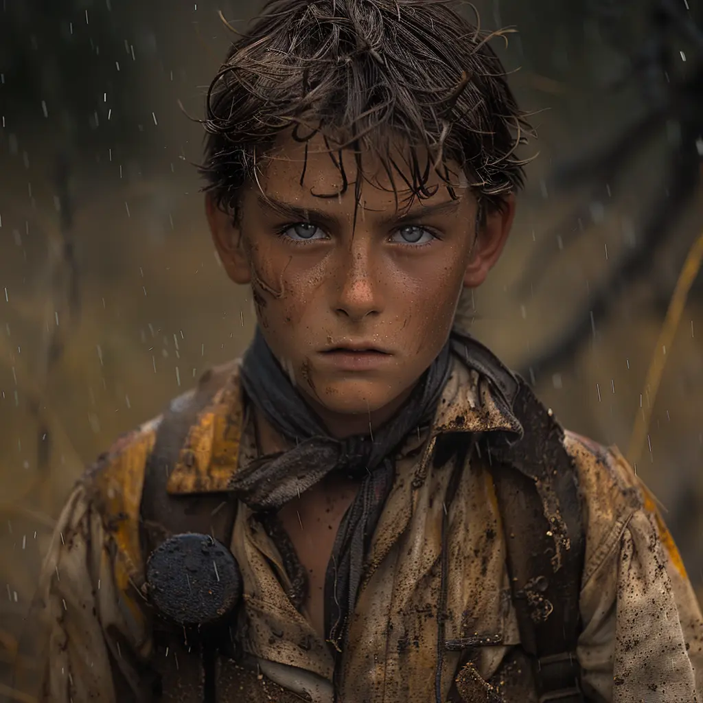 Young scowling boy kicks pebbles on dusty trail, sweat on brow, resentful of long Oregon Trail journey ahead at 12 years old.