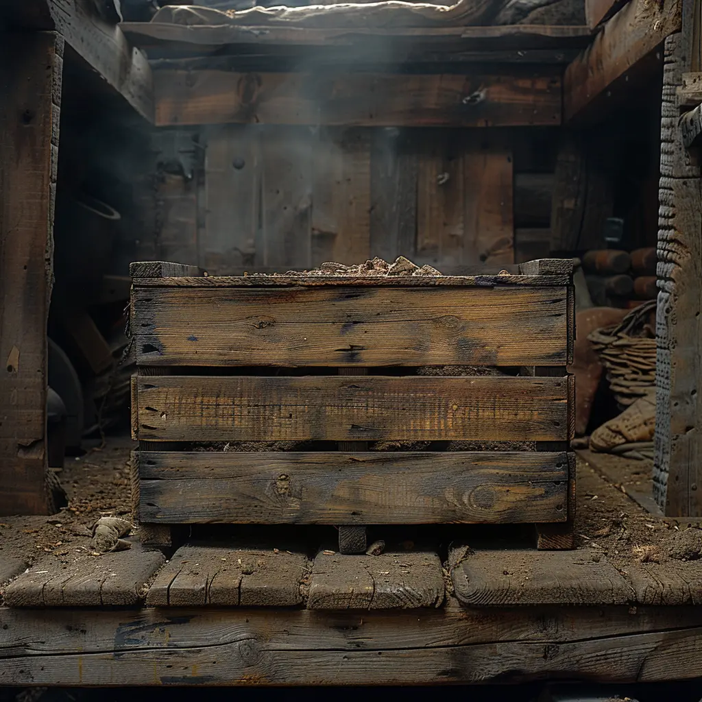 Weathered wooden crate on wagon floor, sunlight streaming through planks, dust motes visible, showing Oregon Trail journey