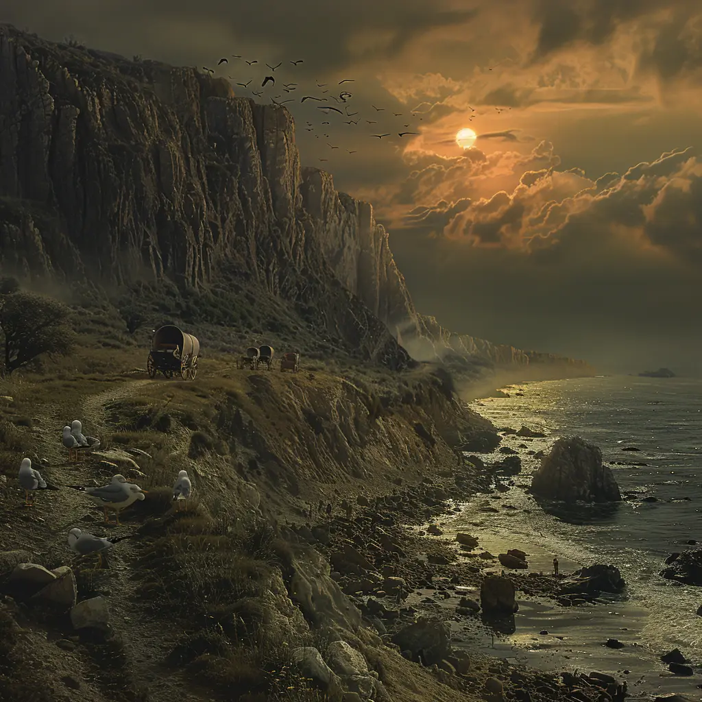 Covered wagon crests hill, revealing Pacific Ocean. Seagulls fly in foreground as sun sets on pioneer journey.