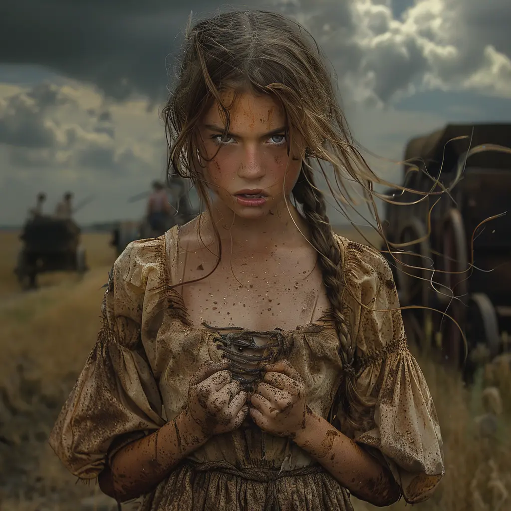 Girl in tattered dress screams in anguish, fists clenched, as wagon train journeys across prairie behind her