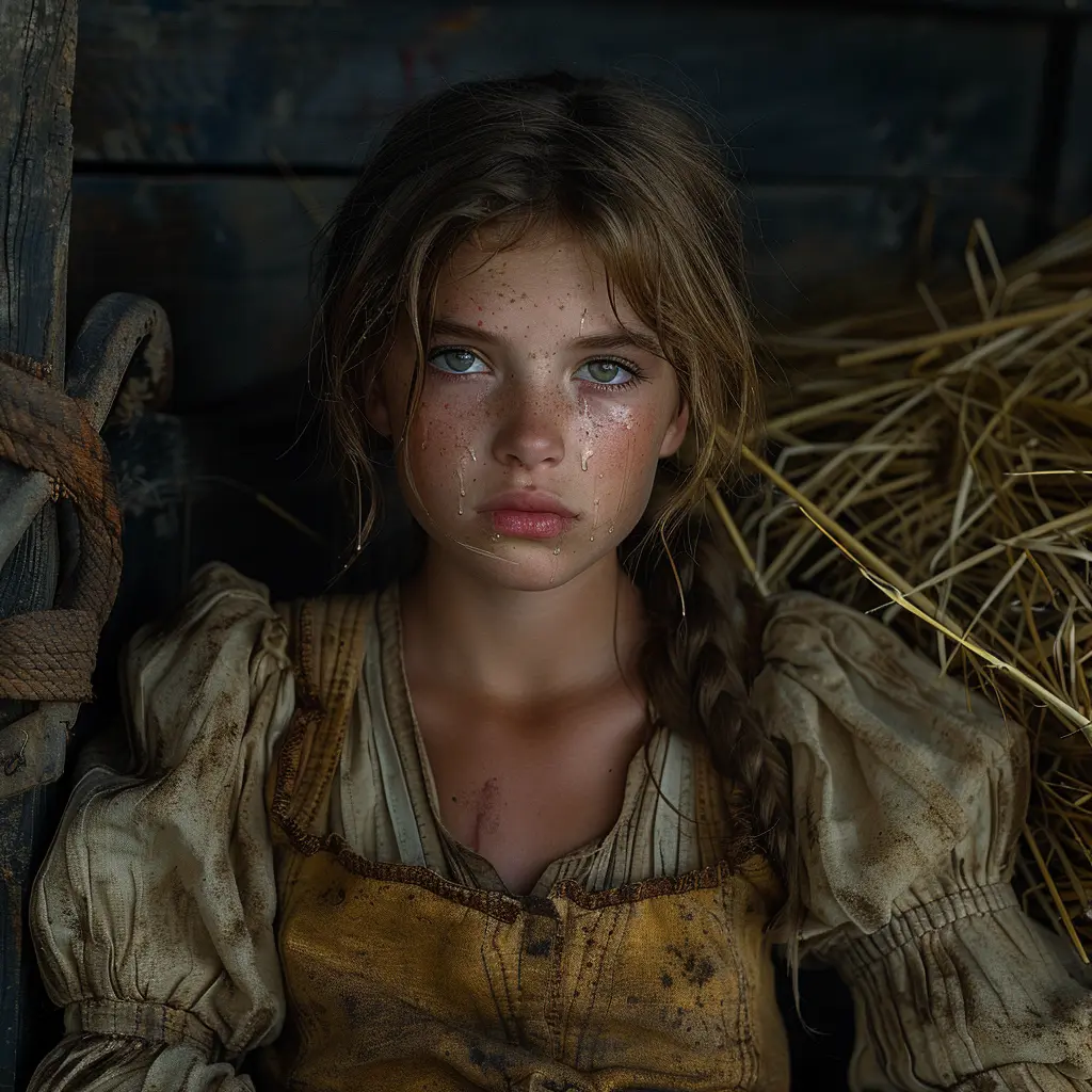 Young girl in tattered dress, tear-stained face, sitting in wagon on vast prairie - Oregon Trail hardship depicted.