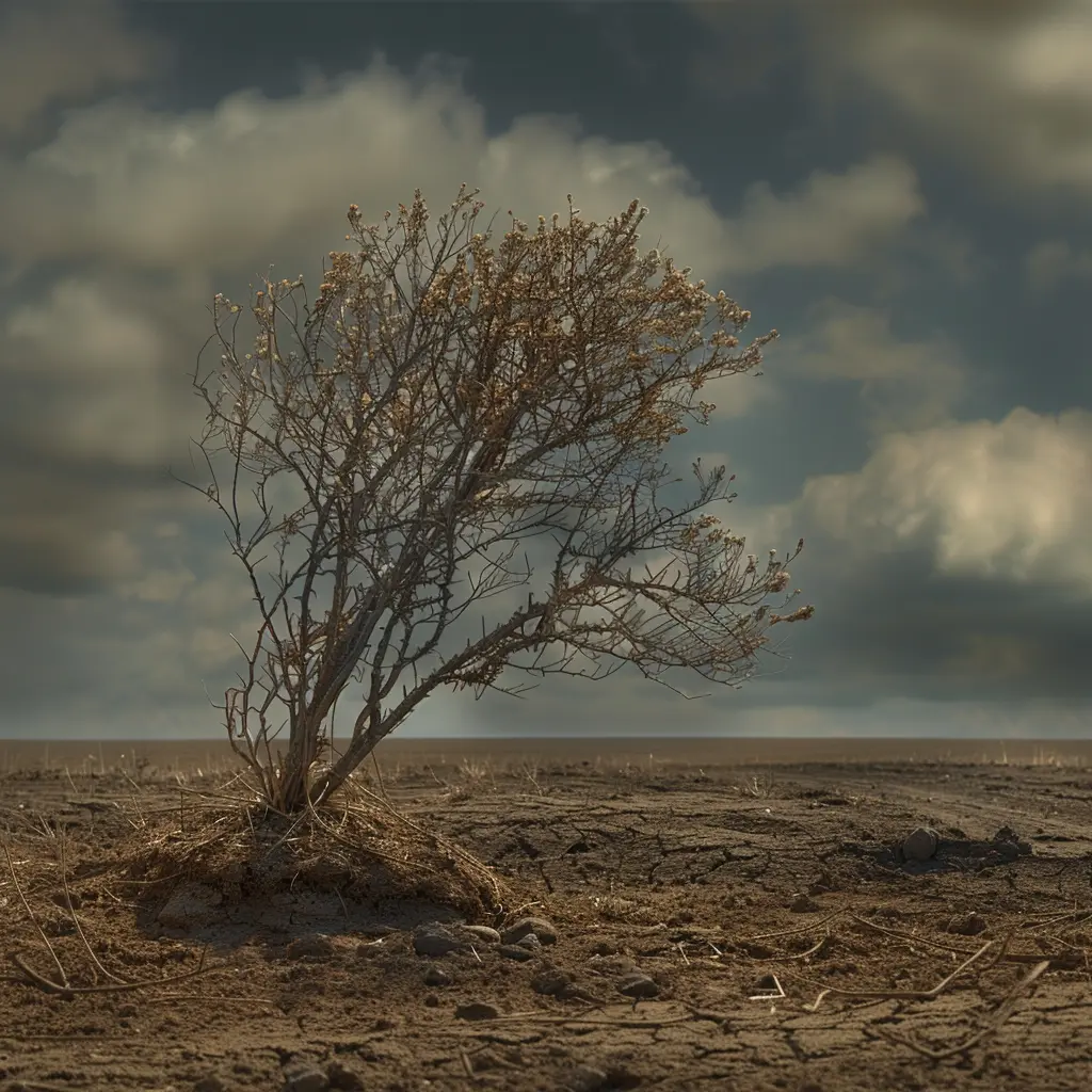 Lone tumbleweed rolls across dusty prairie, casting shadow near wagon train on Oregon Trail