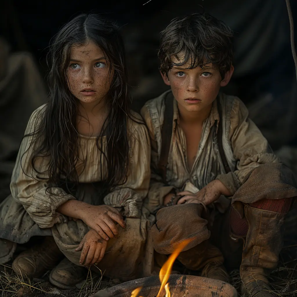 Aerial view of wagon train on vast prairie, focusing on 12-year-old Sarah gazing from the back of a covered wagon.