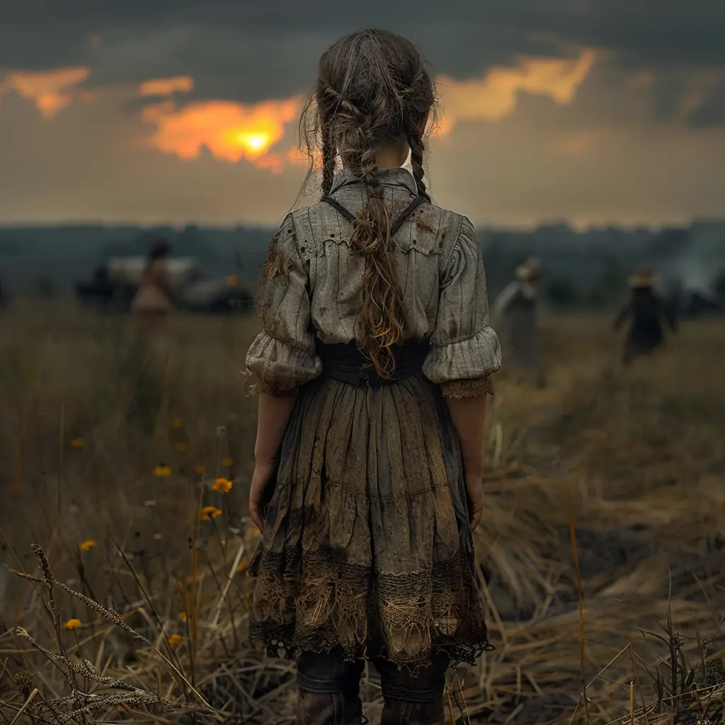 Young pioneer girl stands alone on vast prairie, wagon train in distance, conveying isolation and uncertainty