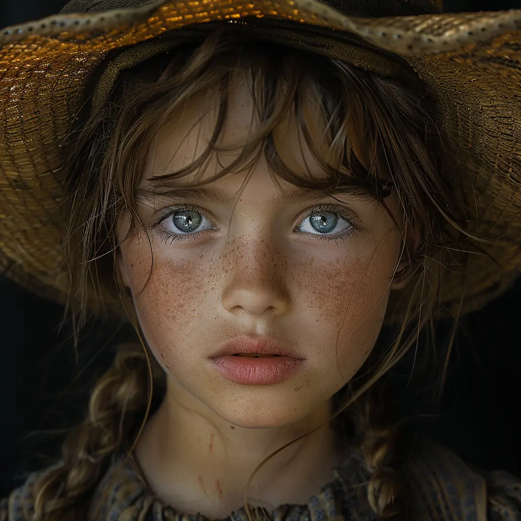 Young girl in sunbonnet, weary eyes reflecting grief yet determination, hinting at resilience on the Oregon Trail.<br>