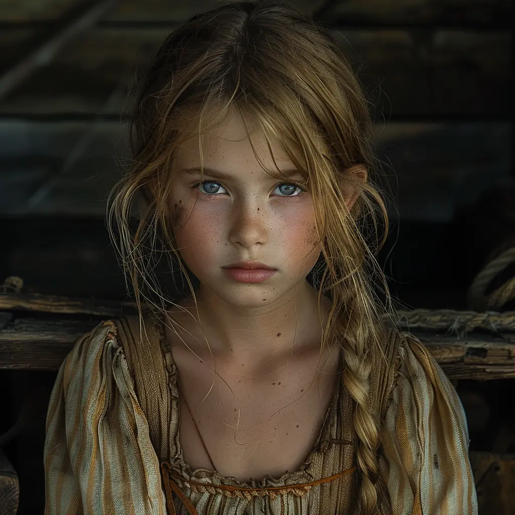 Girl in covered wagon, solemn but hopeful expression, depicting hardship and promise on the Oregon Trail.
