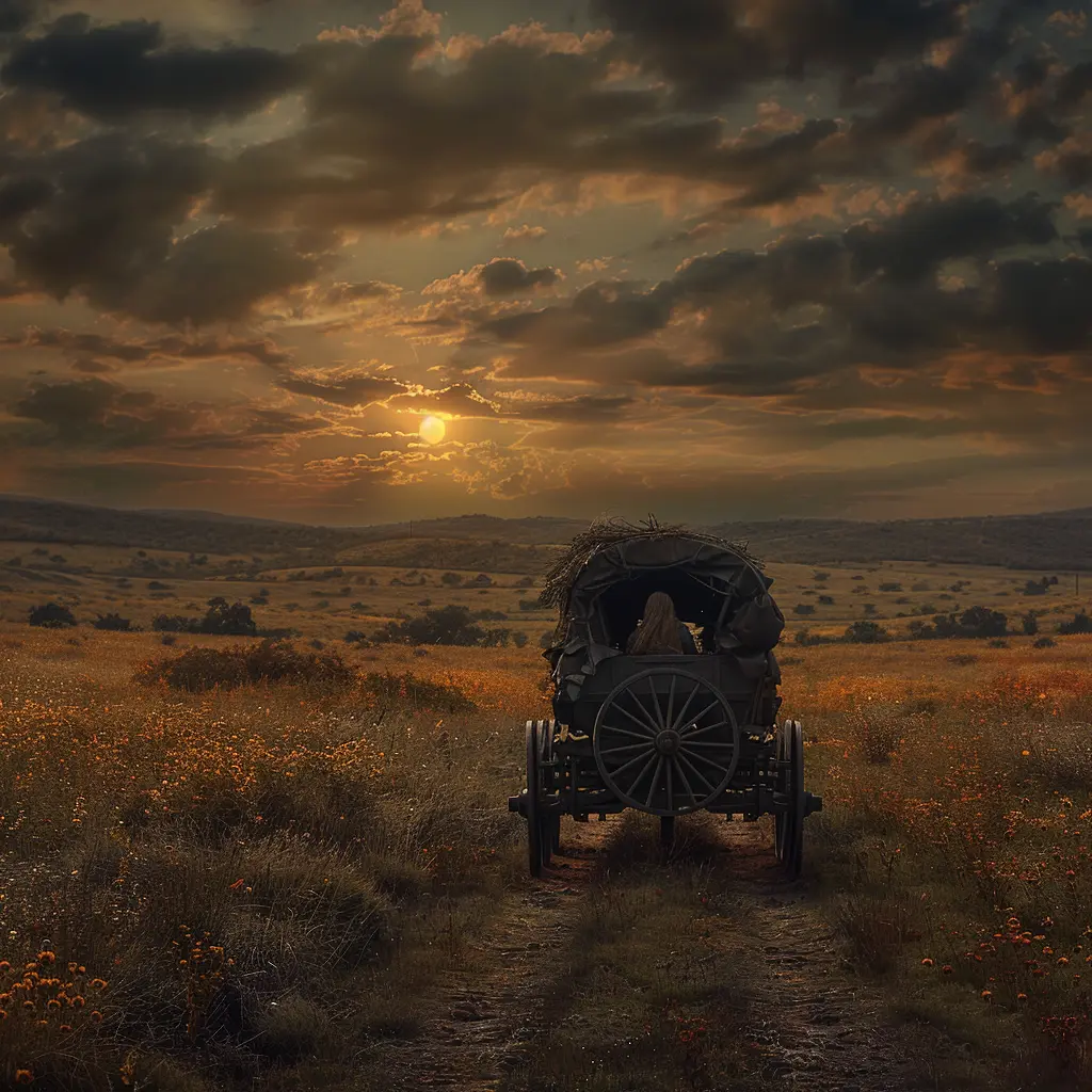 Bird's-eye view of wagon train on prairie, zooming to 12-year-old girl at rear wagon, face tilted to sun