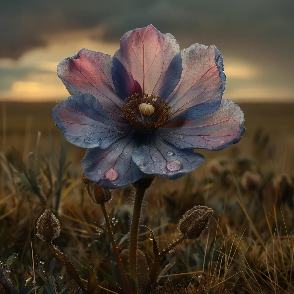 Lone lavender prairie flower against golden grass at sunset, dewdrop on petal reflecting empty sky above