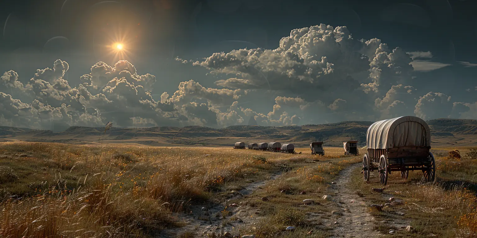 Covered wagons traverse the Oregon Trail across a vast prairie under a blue sky, tall grass swaying in the breeze.