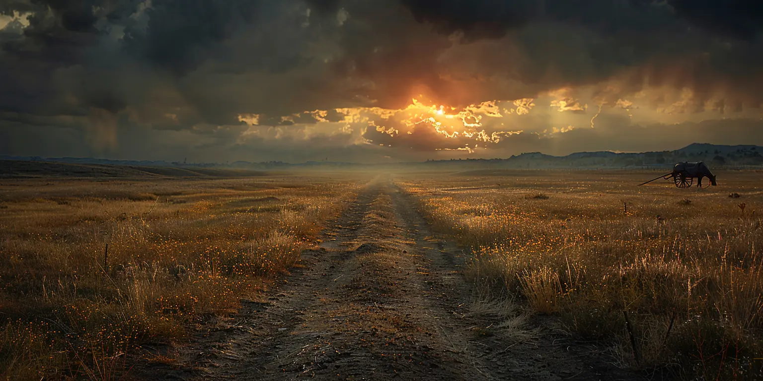 Wagon train crossing vast prairie at sunset, long shadows on dusty landscape, Oregon Trail journey westward