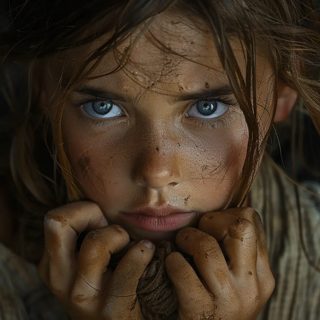 Young girl on Oregon Trail with haunting eyes, holding doll. Face shows wariness and longing, reflecting harsh journey.