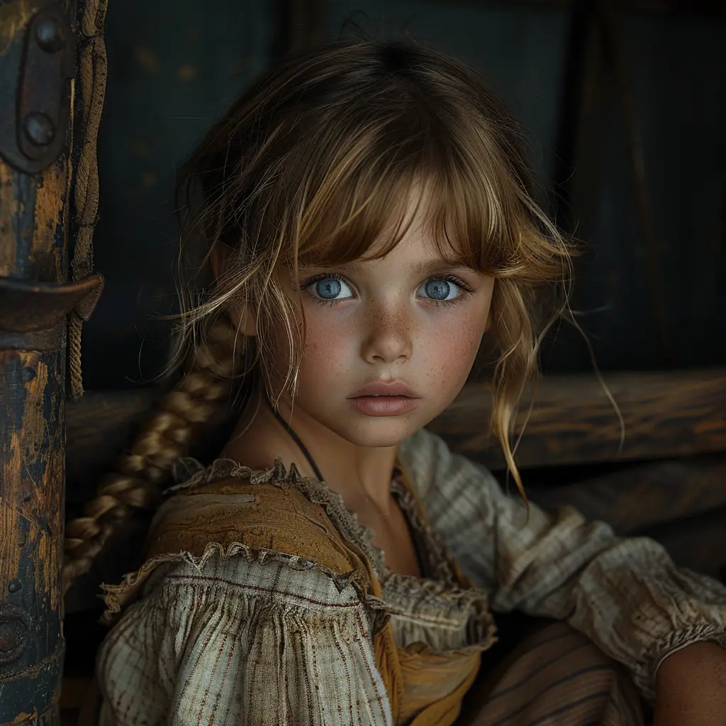 Young girl in tattered dress, eyes wide with fear, huddled in covered wagon on Oregon Trail, brother protectively embracing her.