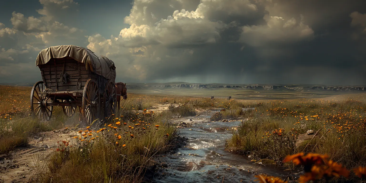 Wagon train crosses dusty prairie trail, approaching raging river obstacle under vast sky and rolling landscape horizon.