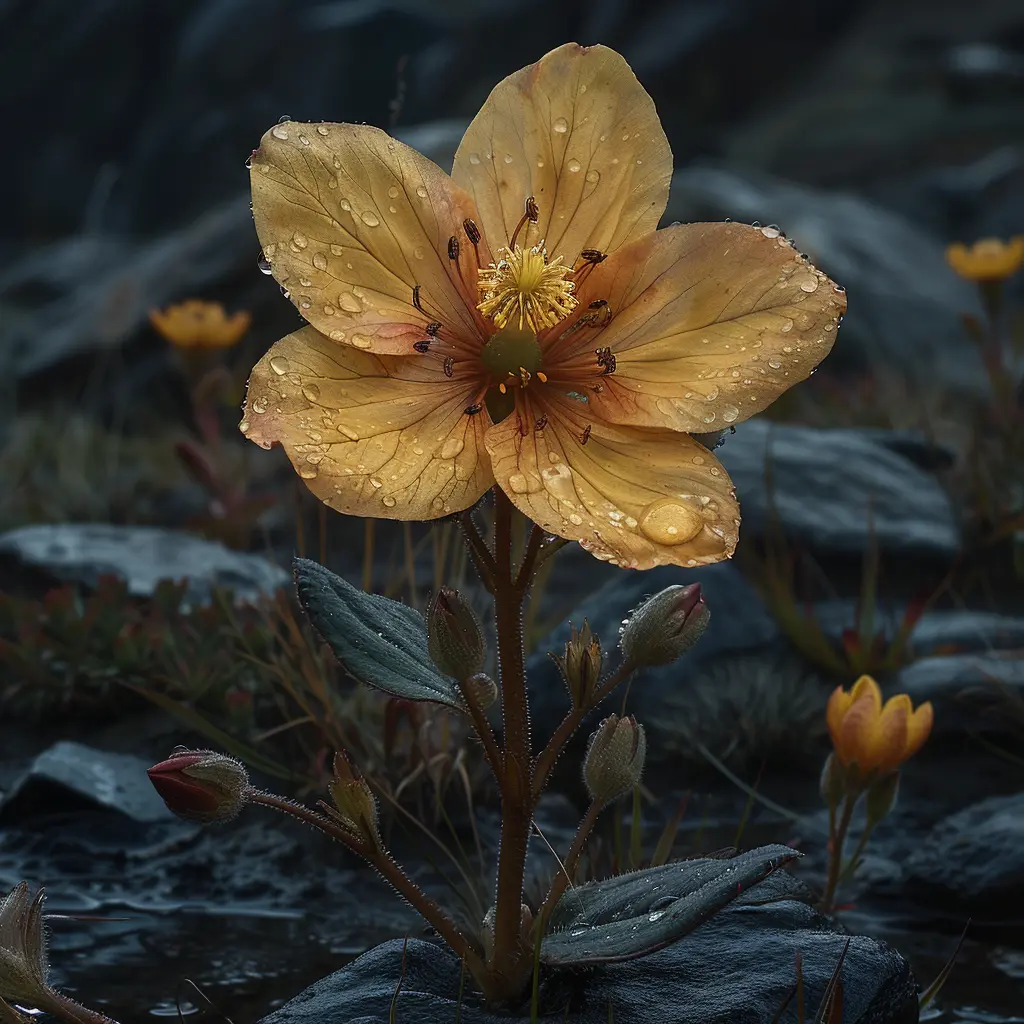 Vibrant wildflower clings to dusty Oregon Trail, delicate stamens swaying, dew glistening - resilience amid harsh landscape.