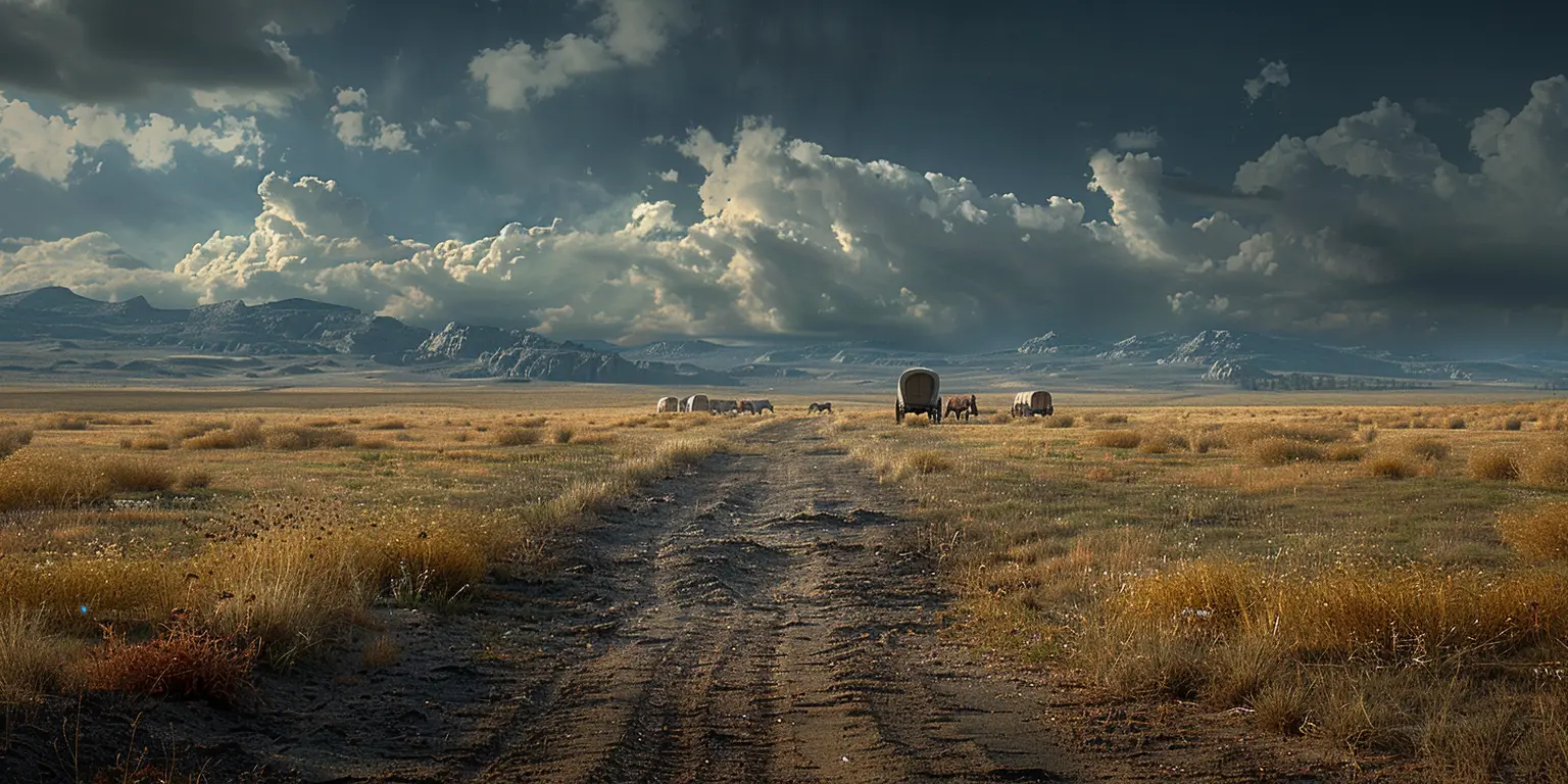 Vast prairie with Oregon Trail wagon train moving across golden grass under blue sky, heat mirages in distance.
