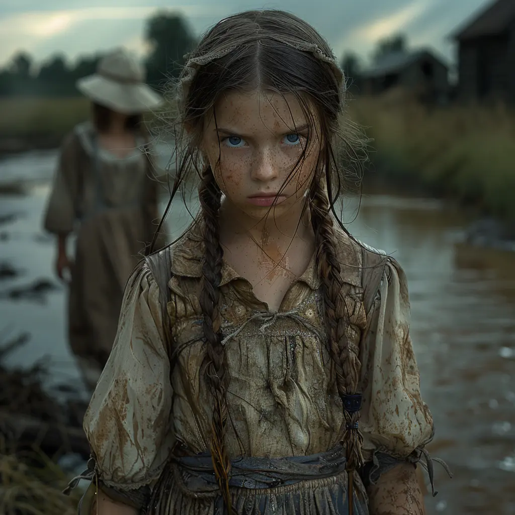 Young girl stands alone on Oregon Trail, facing away from long line of covered wagons at sunset