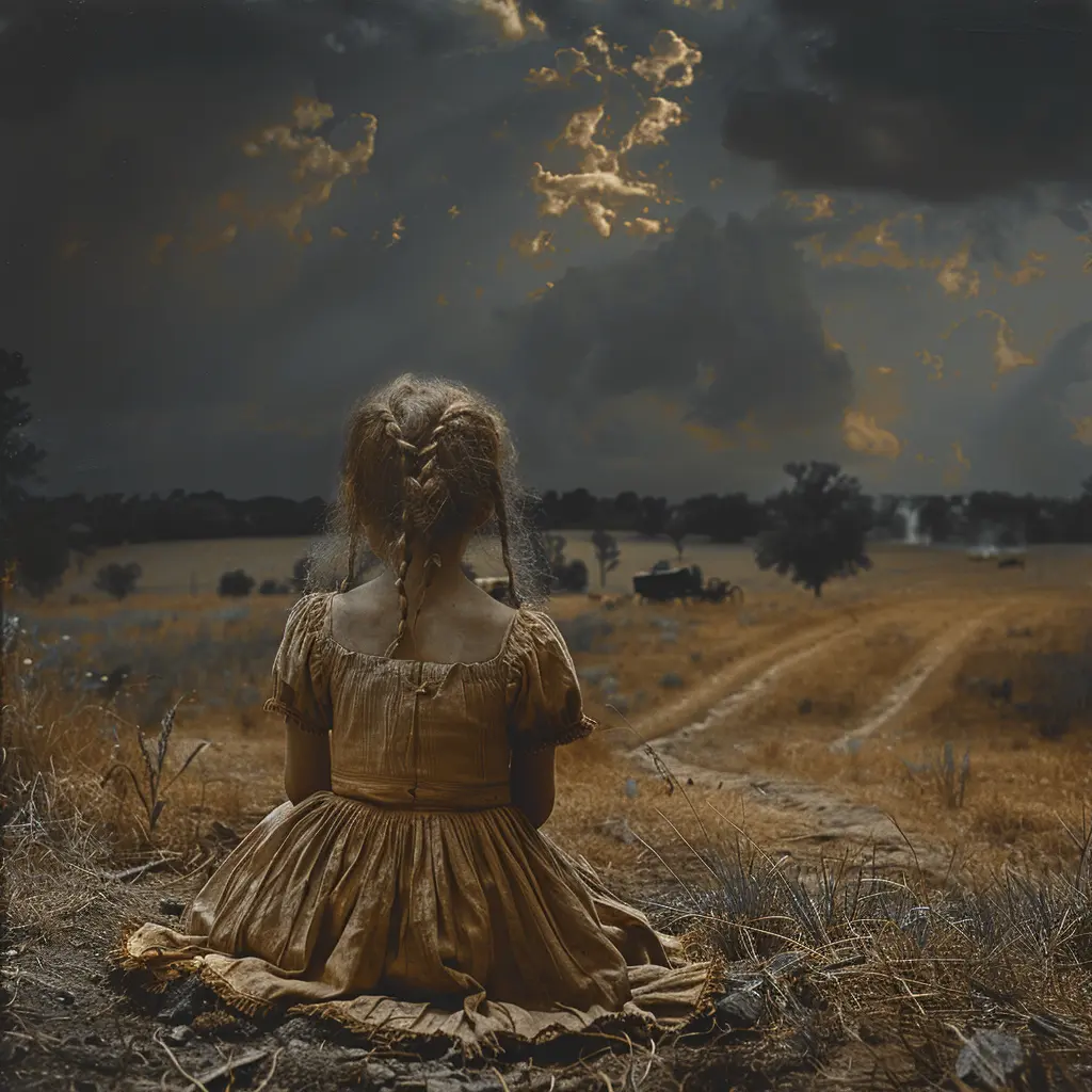 Sepia prairie view with distant wagon train. Girl's hands visible, fidgeting dress. Sky mix of storm clouds and blue.