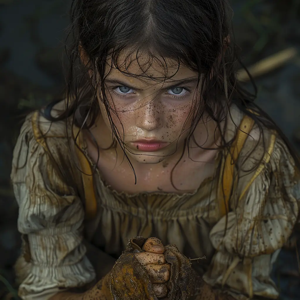 Tearful young pioneer girl with tangled hair, holding stones by stream, grappling with loss and uncertainty