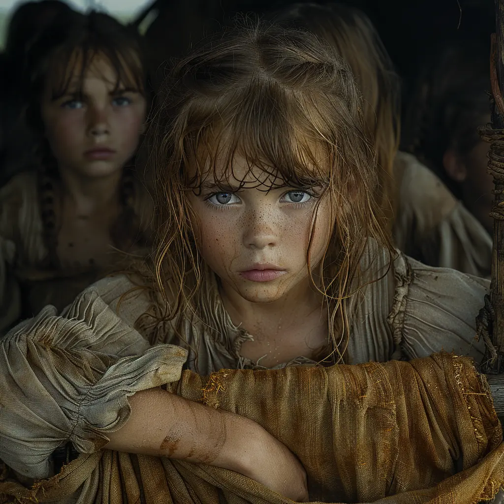 Tearful young pioneer girl huddled in wagon corner, looking lonely and haunted against prairie backdrop at sunset.