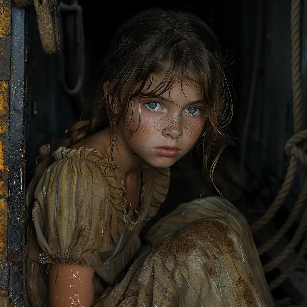 Young girl hugging knees in covered wagon, haunted eyes convey loneliness and despair from shattered past, 114 characters.