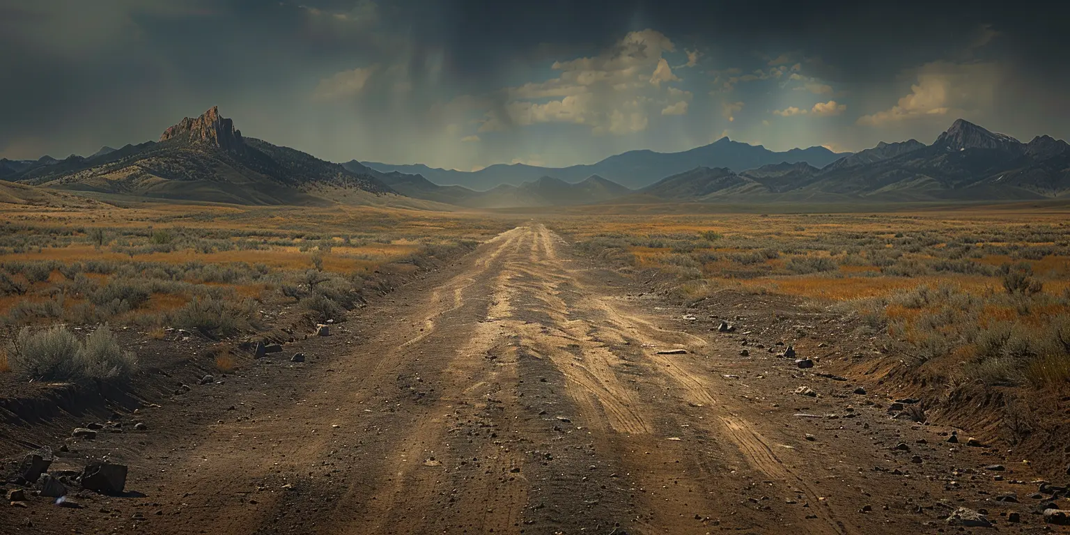 Dusty Oregon Trail with wagon wheel ruts, sparse vegetation under harsh sun, distant mountains looming as obstacles