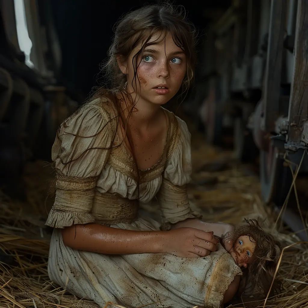 Young Sarah clutches her doll tightly as storm clouds gather over the wagon on the vast, windswept Oregon Trail plains