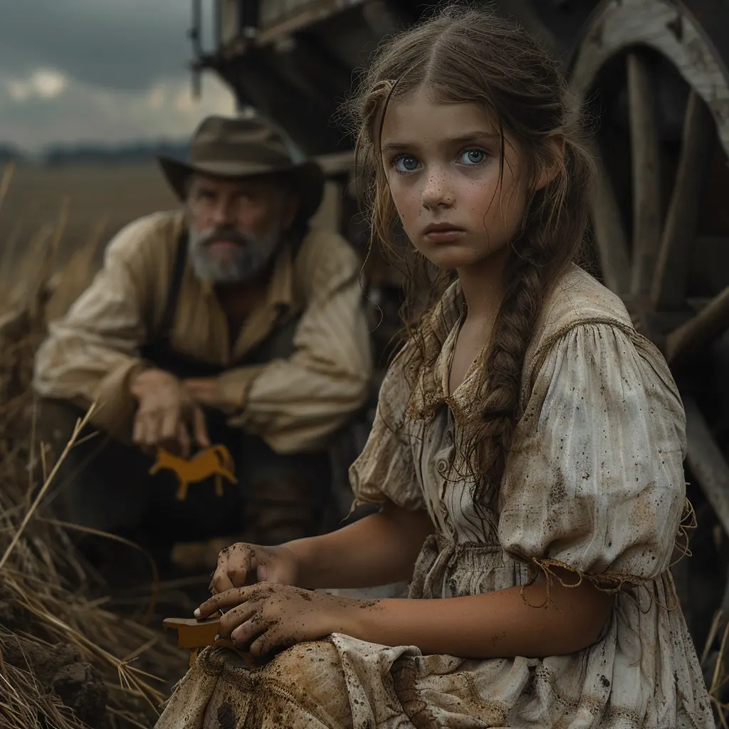 Old wagon wheel in grass, line of covered wagons on distant prairie, low angle view evoking pioneer journey