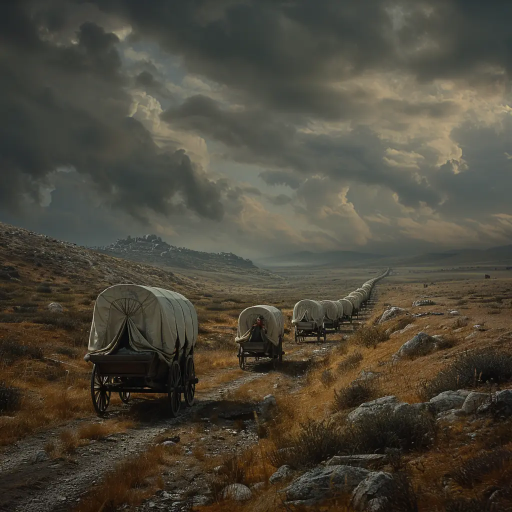 Bird's-eye view of wagon train crossing vast prairie, tiny covered wagons visible against brown grassland.