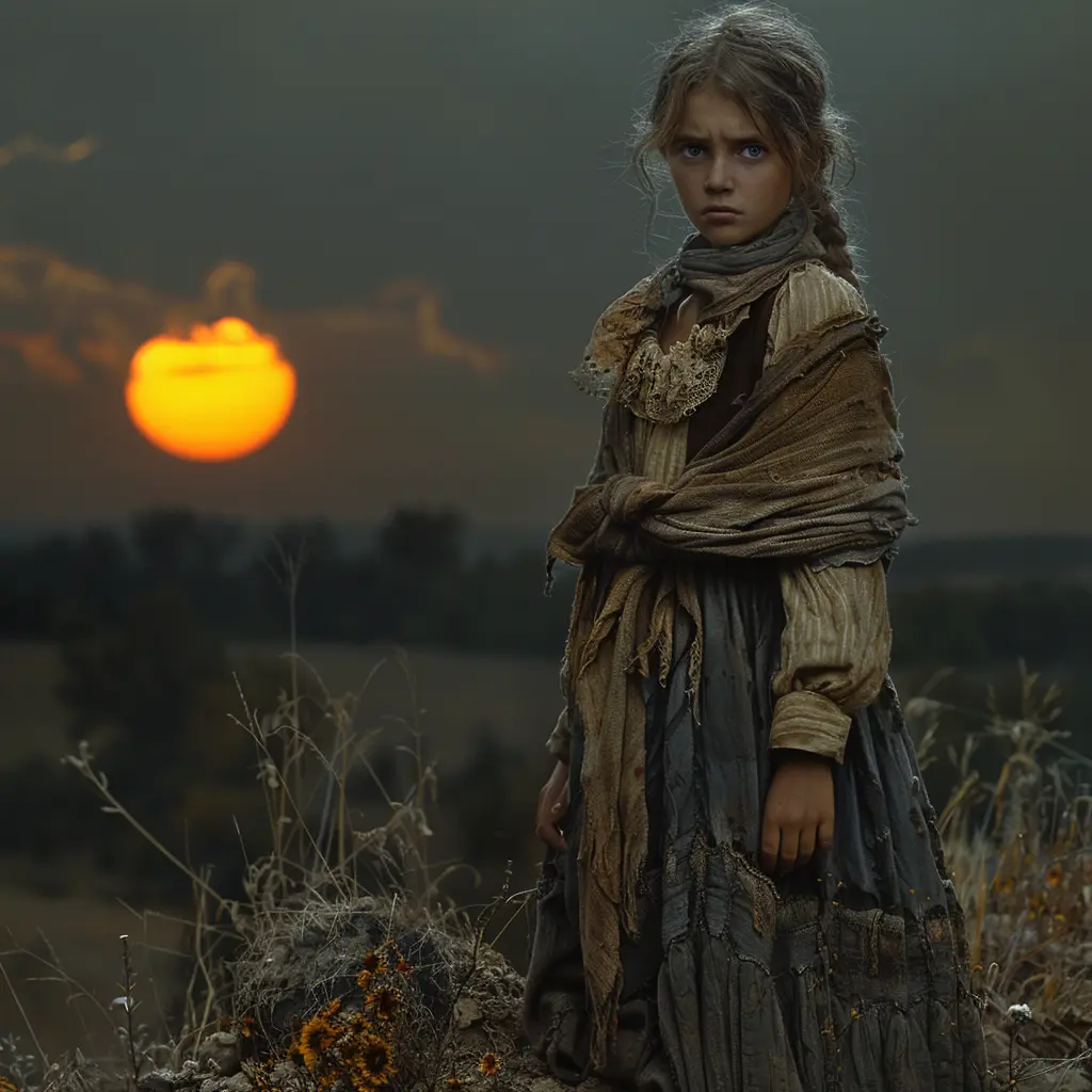Aerial view of Oregon Trail: covered wagons circled for night, lone girl on hill overlooking camp at dusk.