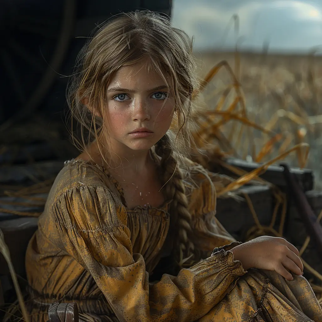 Young girl in calico dress, huddled in wagon on Oregon Trail, eyes brimming with grief and loneliness amid vast landscape.