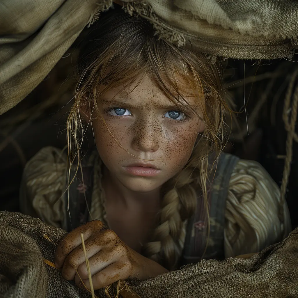 Tearful young girl with messy blonde hair peering from covered wagon, clutching blanket, prairie visible behind