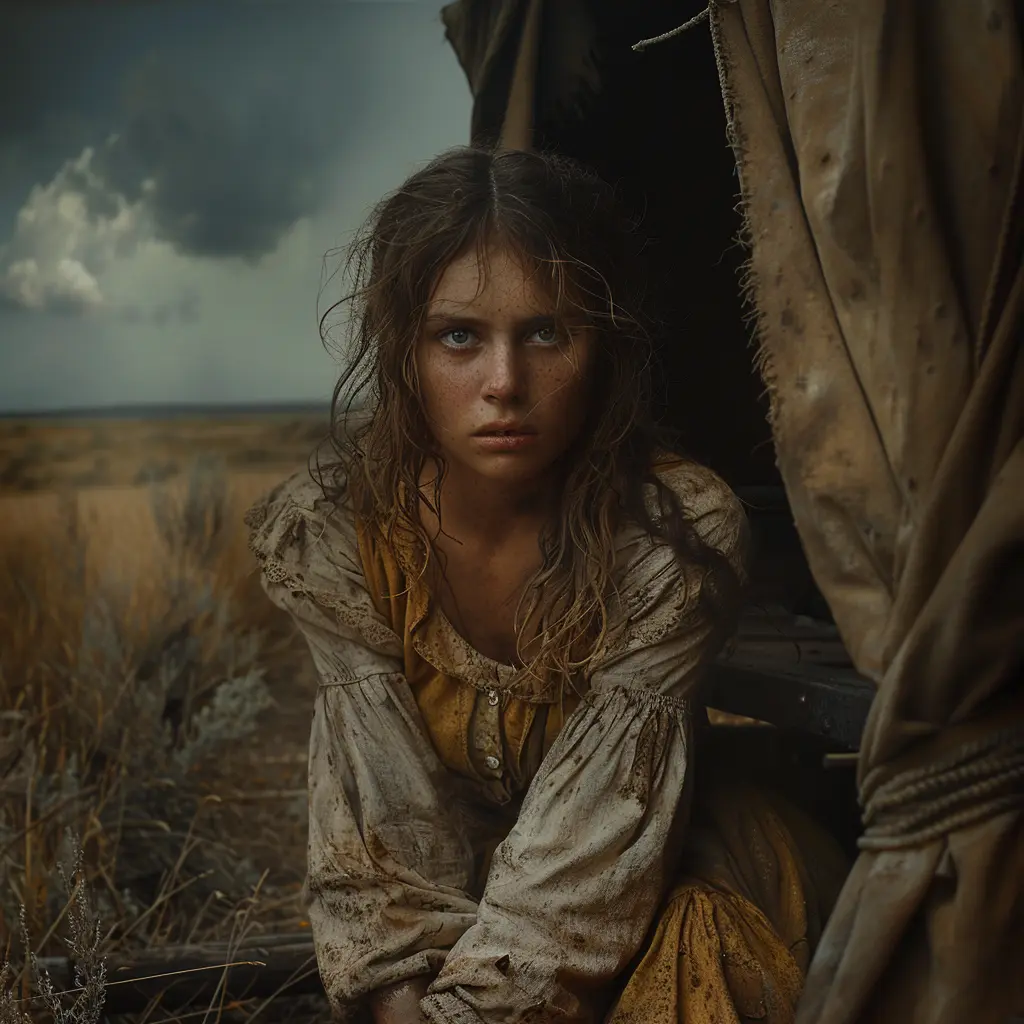 Panoramic view of Oregon Trail, lone covered wagon with young girl's solemn face seen through opening, representing journey's hardships.