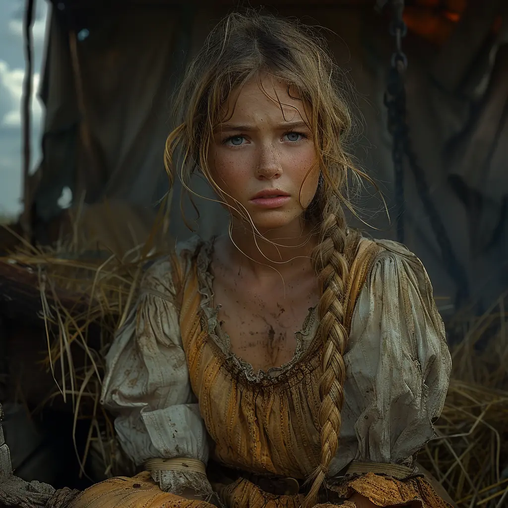 Young girl with sad face, tears, tattered dress sits in wagon, gazing at unfamiliar landscape with regret and abandonment
