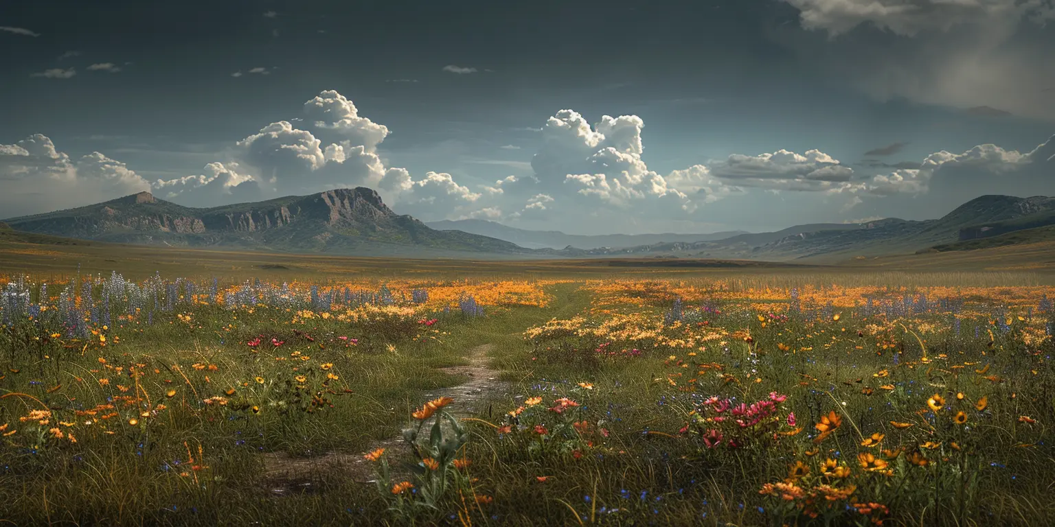Golden prairie with Oregon Trail wagon ruts, distant wildflowers, and blue sky with white clouds