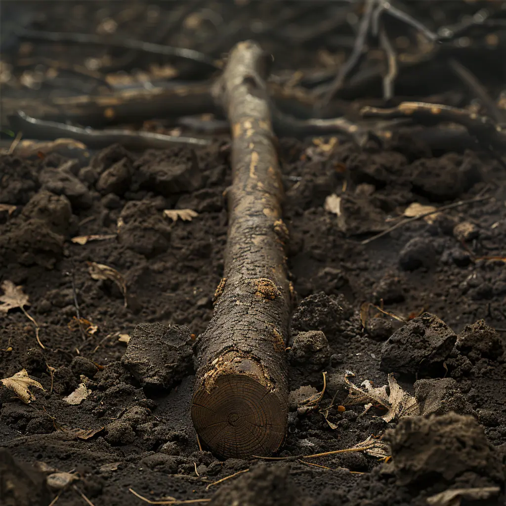 Weathered stick on prairie soil with divots nearby, long shadows at sunset, symbolizing struggle on Oregon Trail limit.