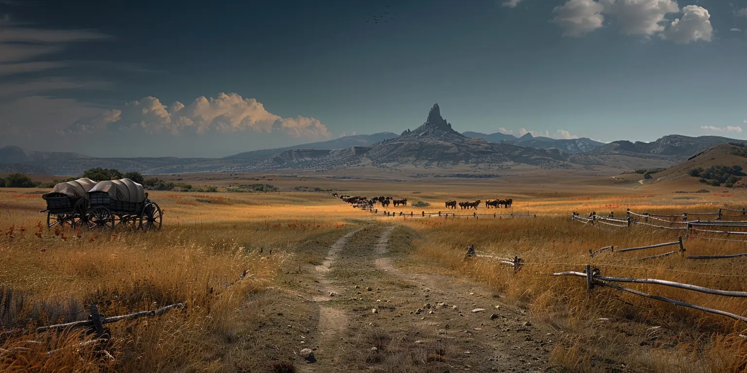 Prairie landscape with Chimney Rock in distance. Wagon train travels across foreground on Oregon Trail.