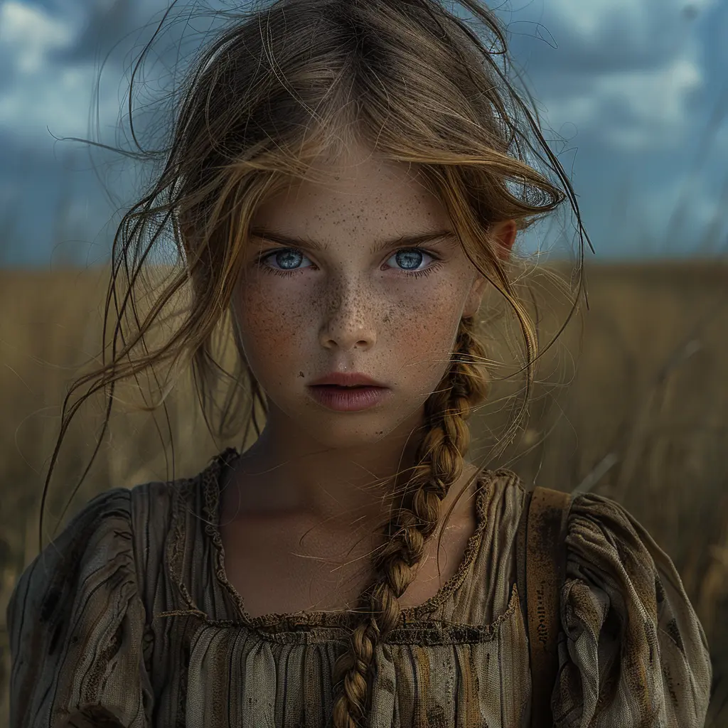 Weary 12-year-old girl on Oregon Trail, clutching toy, with dusty hair and faded dress, gazing at vast prairie.
