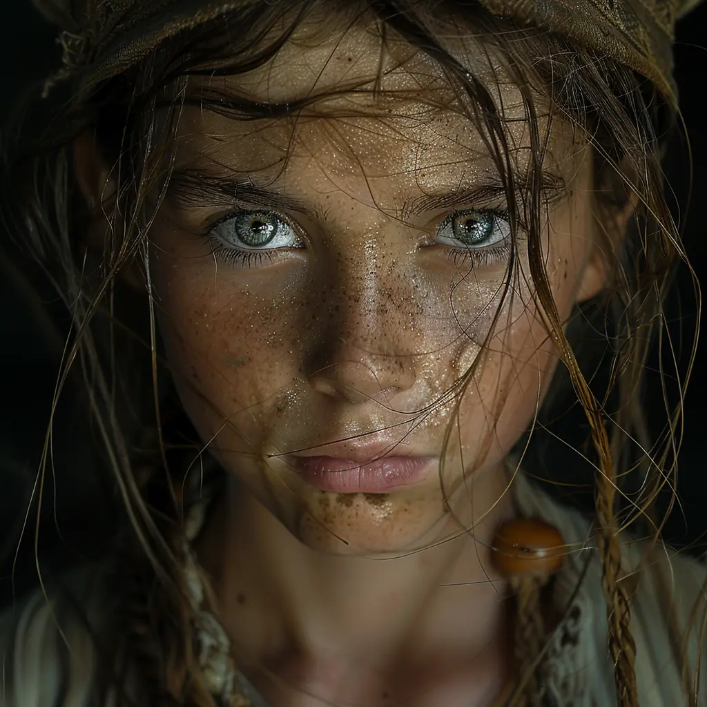 Close-up of weary 12-year-old girl on Oregon Trail, clutching wooden horse toy, eyes reflecting loss and hope