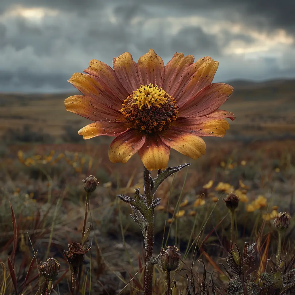 Lone prairie flower with purple and yellow petals amid vast grassland, symbolizing hope on the Oregon Trail
