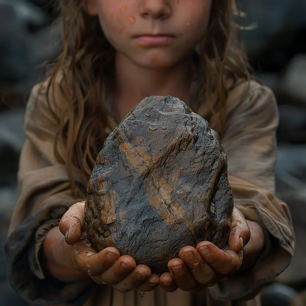 Girl's hand holding worn river stone with quartz streak, teardrop falling on surface before skipping stone.