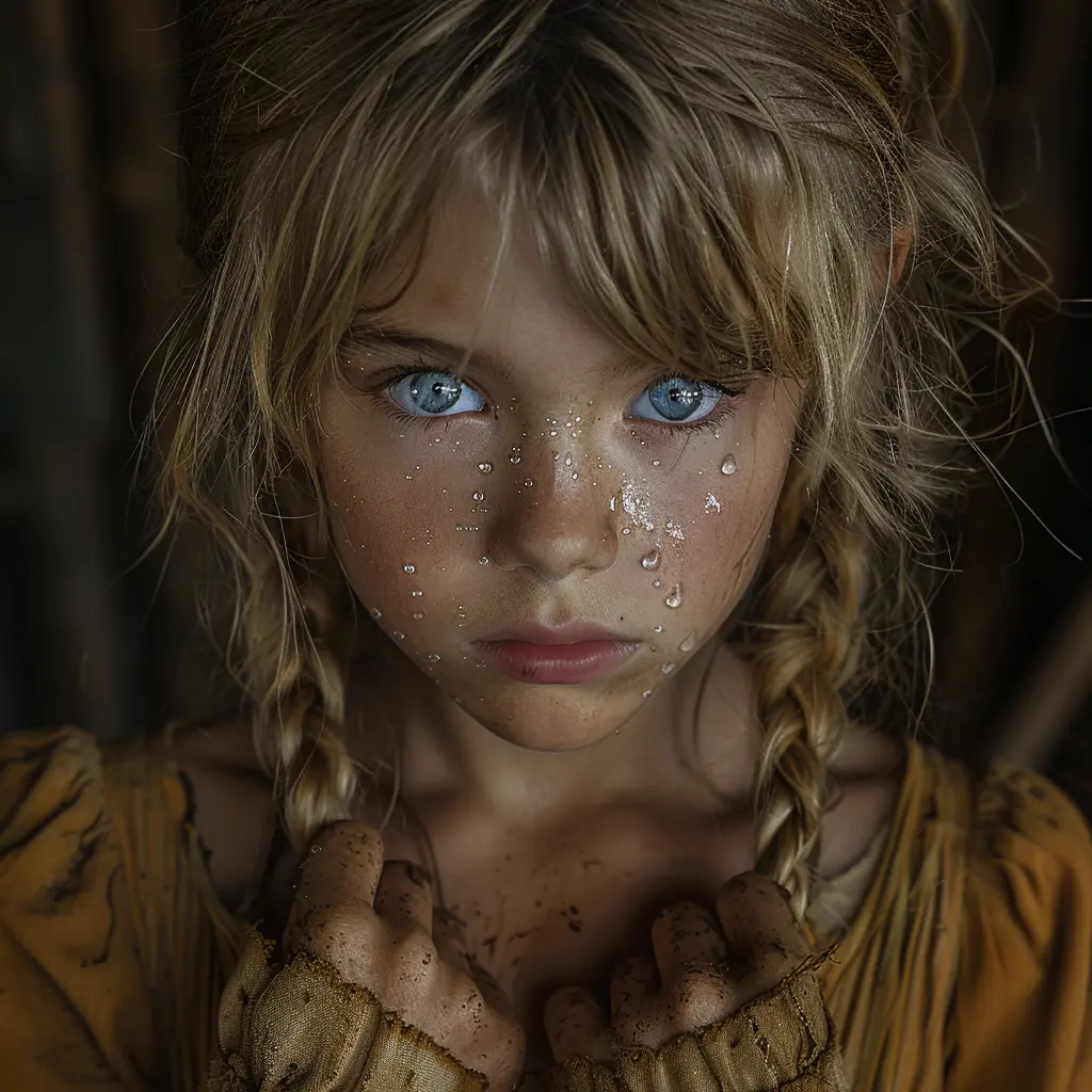 Tearful blonde girl with blue eyes, dirty face, and frosty fingertips, wearing pioneer dress on Oregon Trail
