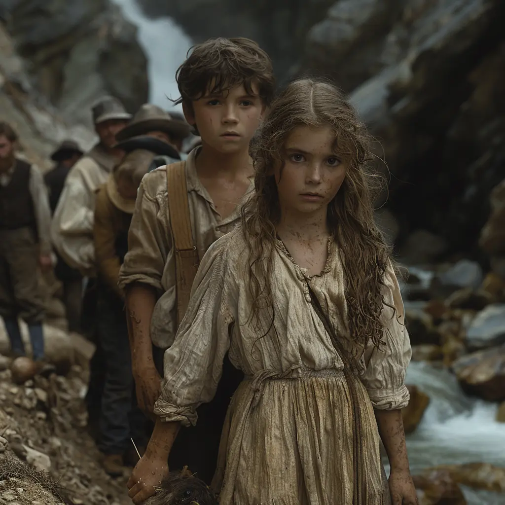 Aerial view of Oregon Trail: long line of covered wagons on vast prairie, stretching to horizon.