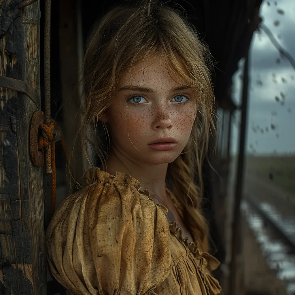 Young Emma sits alone in wagon corner, face creased with weariness, distant gaze shielding heart from pain on Oregon Trail expanse.