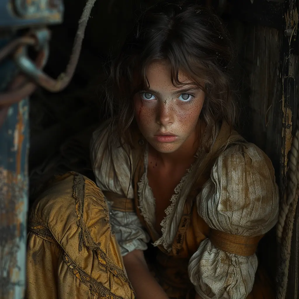 Young orphan girl sits soldered, haunted gaze fixed on wagon floor as laughter swirls, symbolic of loneliness on Oregon Trail journey.