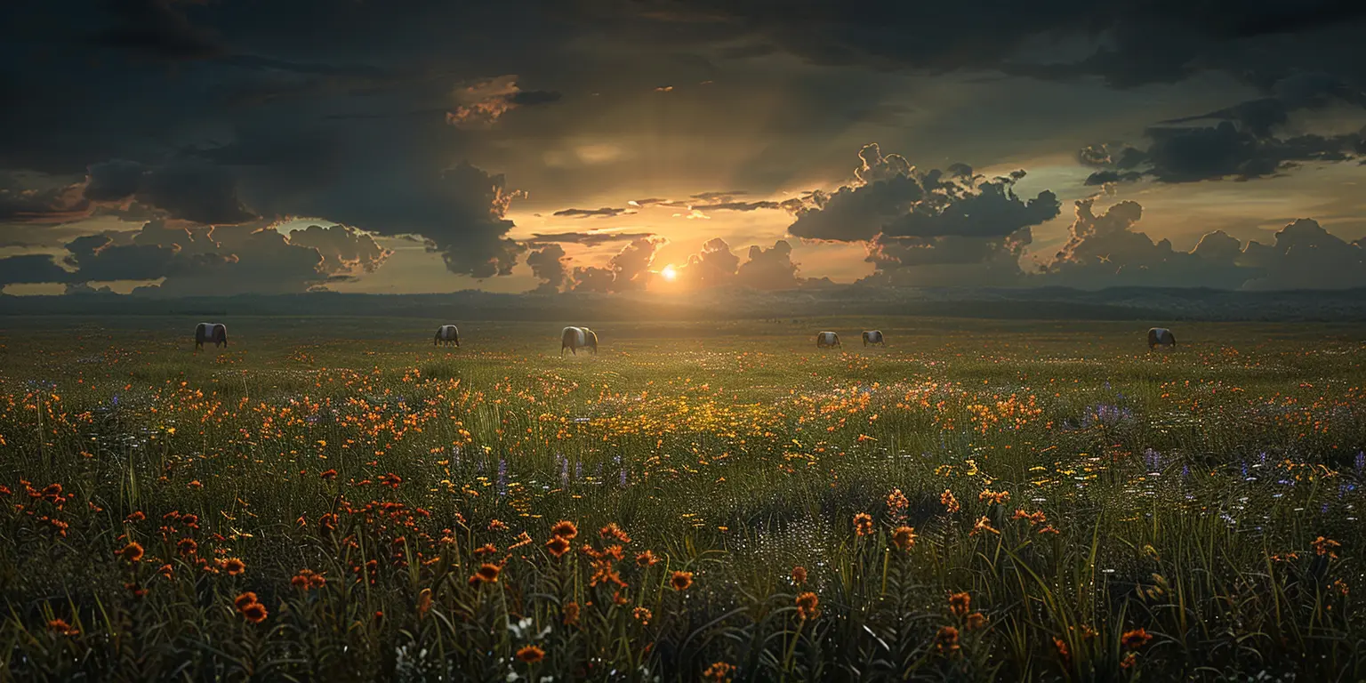 Golden prairie at sunset with tall grass, wildflowers, and distant covered wagons under a blue sky with wispy clouds.